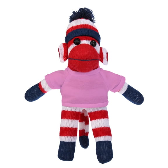 Made by Aliens 10 Inch Patriot Sock Monkey with Tee Plush Stuffed Animal Personalized Gift - Custom Text on Shirt - Great Present for Mothers Day, Valentine Day, Graduation Day, Birthday (Pink)