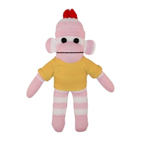 Made by Aliens 10 Inch Floppy Pink Sock Monkey with Tee Plush Stuffed Animal Personalized Gift - Custom Text on Shirt - Great Present for Mothers Day, Valentine Day, Graduation Day, Birthday (Yellow)