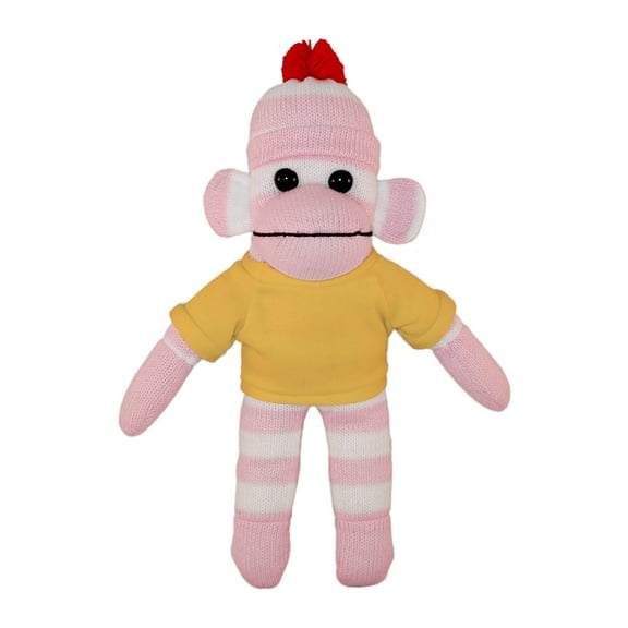 Made by Aliens 10 Inch Floppy Pink Sock Monkey with Tee Plush Stuffed Animal Personalized Gift - Custom Text on Shirt - Great Present for Mothers Day, Valentine Day, Graduation Day, Birthday (Yellow)