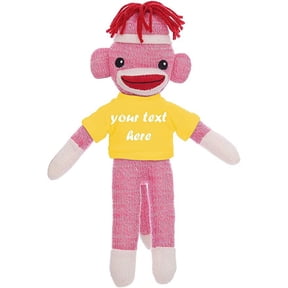 Made By Aliens Huggable Pink Sock Monkey 8 Inch, Plush Stuffed Animal Personalized Gift-Custom Text on Shirt-Perfect for Halloween Day, Valentine's Day, Graduation Day, or Birthday Present (Yellow)