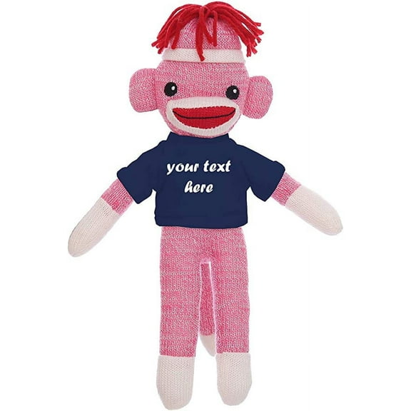Made By Aliens Huggable Pink Sock Monkey 8 Inch, Plush Stuffed Animal Personalized Gift-Custom Text on Shirt-Perfect for Halloween Day, Valentine's Day, Graduation Day, or Birthday Present (Navy)