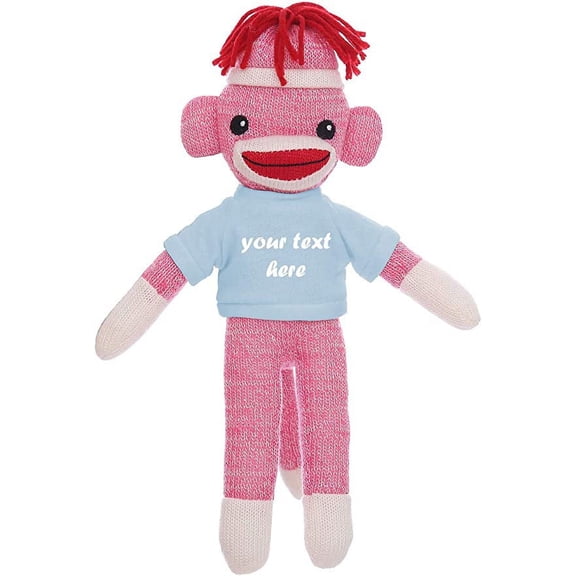 Made By Aliens Huggable Pink Sock Monkey 8 Inch Plush Stuffed Animal Personalized Gift - Custom Text on Shirt - Perfect for Halloween Day Valentine's Day Graduation Day Birthday Present (Powder)