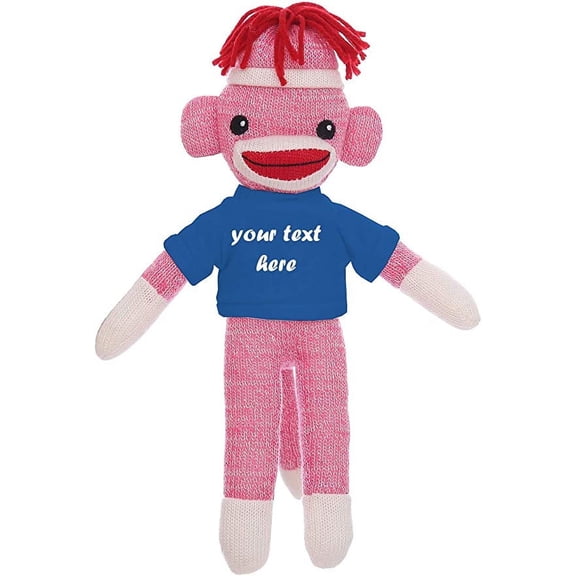 Made By Aliens Huggable Pink Sock Monkey 8 Inch, Plush Stuffed Animal Personalized Gift-Custom Text on Shirt-Perfect for Halloween Day, Valentine's Day, Graduation Day, or Birthday Prese (Royal-Blue)