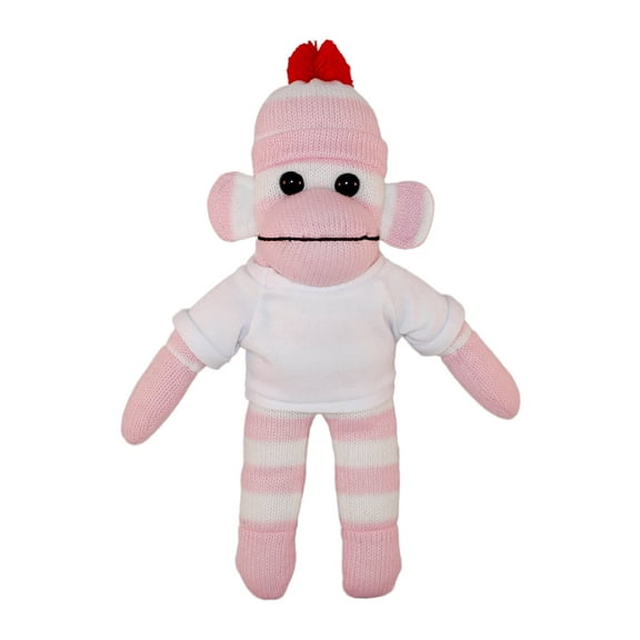 Made by Aliens 10 Inch Floppy Pink Sock Monkey with Tee Plush Stuffed Animal Personalized Gift - Custom Text on Shirt - Great Present for Mothers Day, Valentine Day, Graduation Day, Birthday (White)