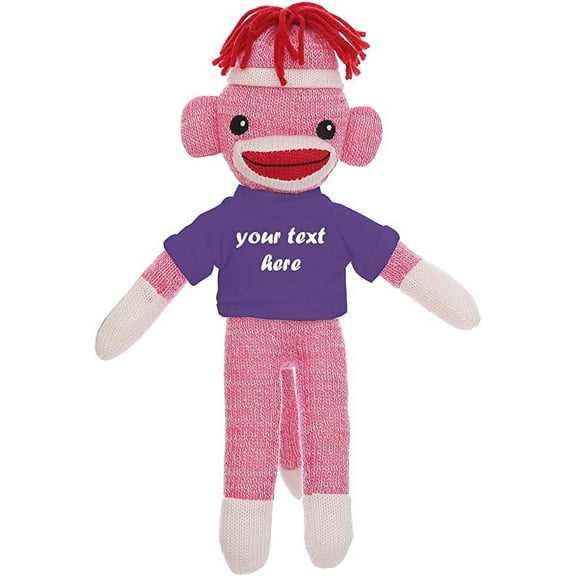 Made By Aliens Personalized Huggable Pink Sock Monkey 8 Inch Plush Stuffed Animal Gift - Custom Text on Shirt - Perfect for Valentine's Day, Halloween, Graduation Day, Birthday Present (Purple)