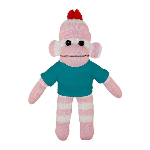 Made by Aliens 10 Inch Floppy Pink Sock Monkey with Tee Plush Stuffed Animal Personalized Gift - Custom Text on Shirt - Great Present for Mothers Day,Valentine Day,Graduation Day, Birthday(Turquoise)