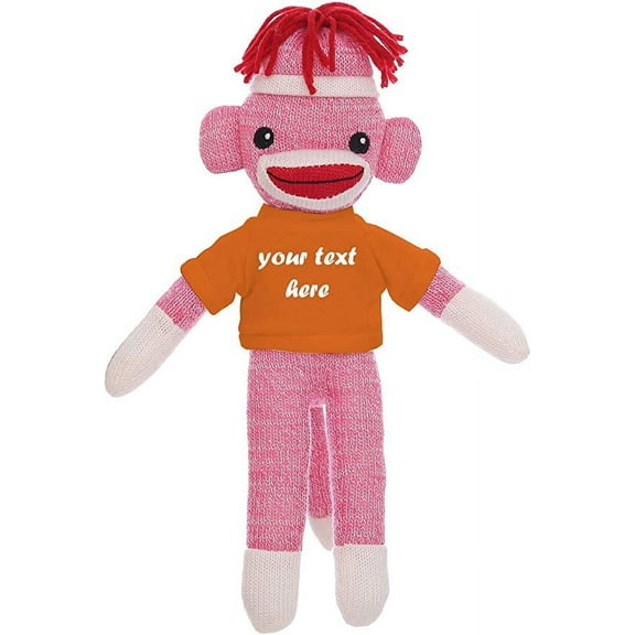 Made By Aliens Huggable Pink Sock Monkey 8 Inch, Plush Stuffed Animal Personalized Gift-Custom Text on Shirt-Perfect for Halloween Day, Valentine's Day, Graduation Day, or Birthday Present (Orange)