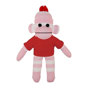Made by Aliens 10 Inch Floppy Pink Sock Monkey with Tee Plush Stuffed Animal Personalized Gift - Custom Text on Shirt - Great Present for Mothers Day, Valentine Day, Graduation Day, Birthday (Red)