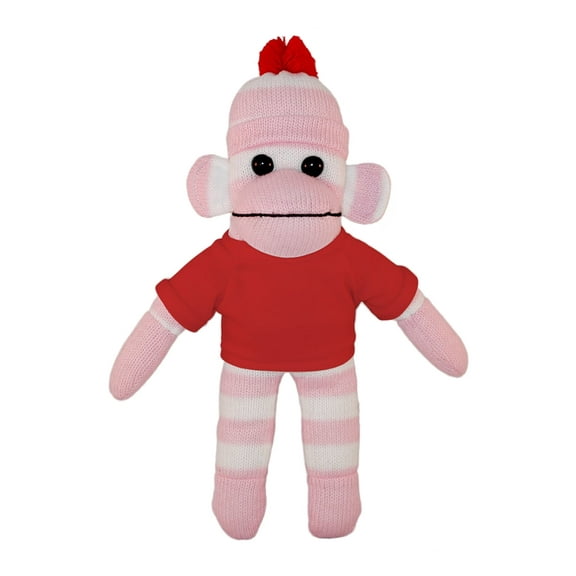 Made by Aliens 10 Inch Floppy Pink Sock Monkey with Tee Plush Stuffed Animal Personalized Gift - Custom Text on Shirt - Great Present for Mothers Day, Valentine Day, Graduation Day, Birthday (Red)