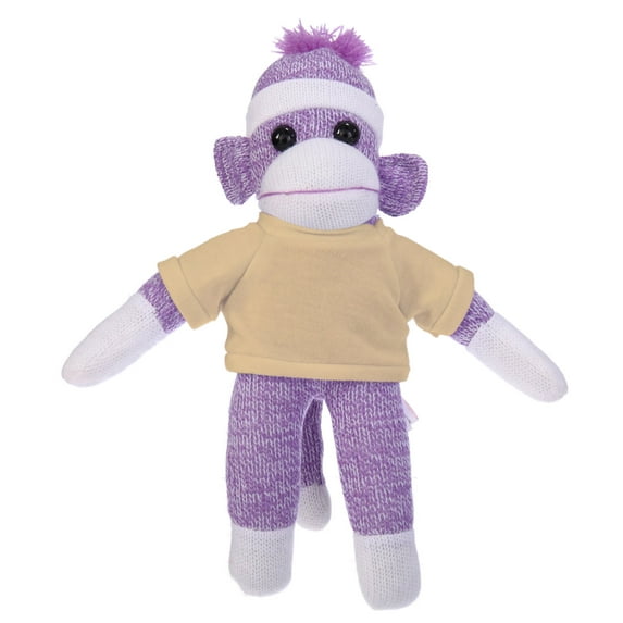 Made by Aliens 10 Inch Purple Sock Monkey with Tee Plush Stuffed Animal Personalized Gift - Custom Text on Shirt - Great Present for Mothers Day, Valentine Day, Graduation Day, Birthday (Tan)