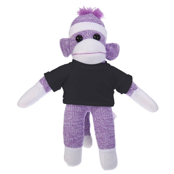 Made by Aliens 10 Inch Purple Sock Monkey with Tee Plush Stuffed Animal Personalized Gift - Custom Text on Shirt - Great Present for Mothers Day, Valentine Day, Graduation Day, Birthday (Black)