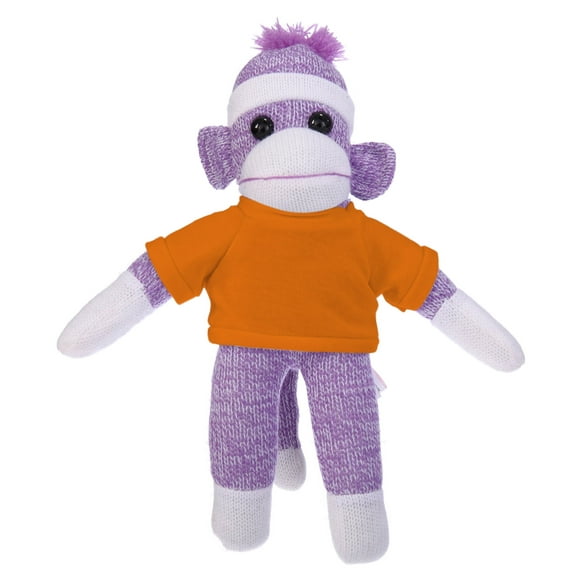Made by Aliens 10 Inch Purple Sock Monkey with Tee Plush Stuffed Animal Personalized Gift - Custom Text on Shirt - Great Present for Mothers Day, Valentine Day, Graduation Day, Birthday (Orange)