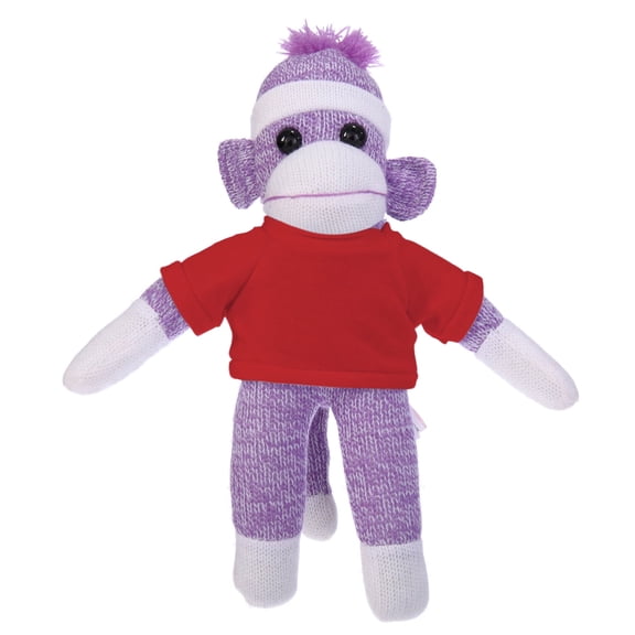Made by Aliens 10 Inch Purple Sock Monkey with Tee Plush Stuffed Animal Personalized Gift - Custom Text on Shirt - Great Present for Mothers Day, Valentine Day, Graduation Day, Birthday (Red)
