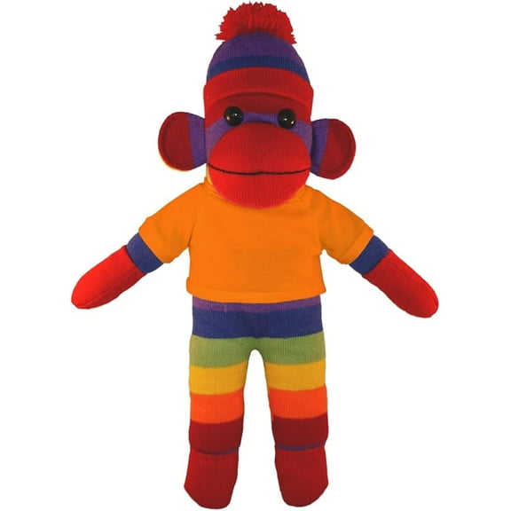 Made by Aliens 10 Inch Rainbow Sock Monkey with Tee Plush Stuffed Animal Personalized Gift - Custom Text on Shirt - Great Present for Mothers Day, Valentine Day, Graduation Day, Birthday (Orange)