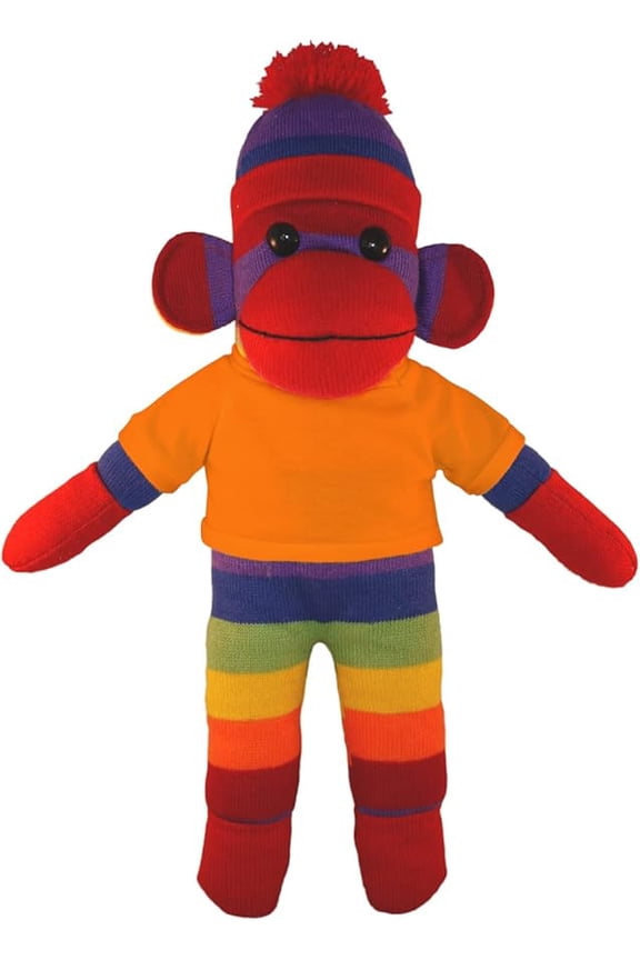 10 Inch Rainbow Sock Monkey with Tee Plush Stuffed Animal Personalized Gift - Custom Text on Shirt - Great Present for Mothers Day, Valentine Day, Graduation Day, Birthday (Orange)