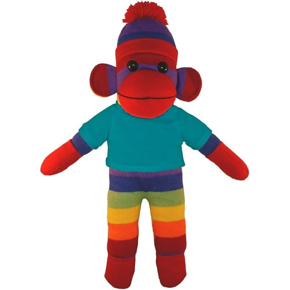 Made by Aliens 10 Inch Rainbow Sock Monkey with Tee Plush Stuffed Animal Personalized Gift - Custom Text on Shirt - Great Present for Mothers Day, Valentine Day, Graduation Day, Birthday (Turquoise)