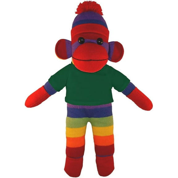 Made by Aliens 10 Inch Rainbow Sock Monkey with Tee Plush Stuffed Animal Personalized Gift - Custom Text on Shirt-Great Present for Mothers Day, Valentine Day, Graduation Day Birthday(Forest-Green)
