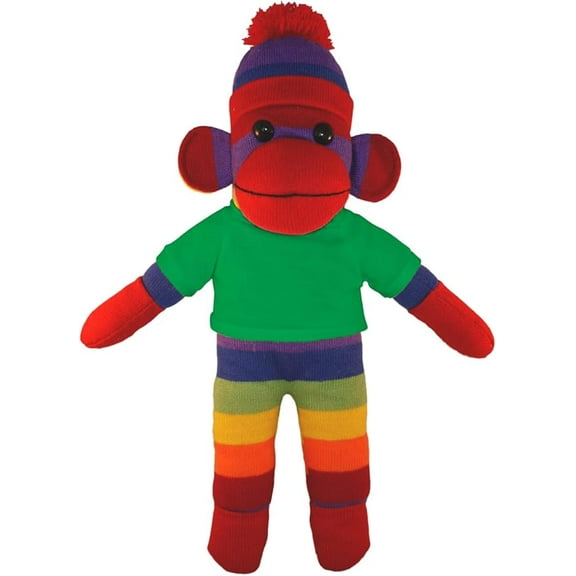 Made by Aliens 10 Inch Rainbow Sock Monkey with Tee Plush Stuffed Animal Personalized Gift - Custom Text on Shirt - Great Present for Mothers Day, Valentine Day, Graduation Day, Birthday (Kelly-Green