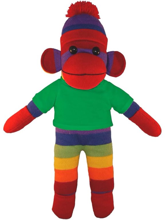 10 Inch Rainbow Sock Monkey with Tee Plush Stuffed Animal Personalized Gift - Custom Text on Shirt - Great Present for Mothers Day, Valentine Day, Graduation Day, Birthday (Kelly-Green