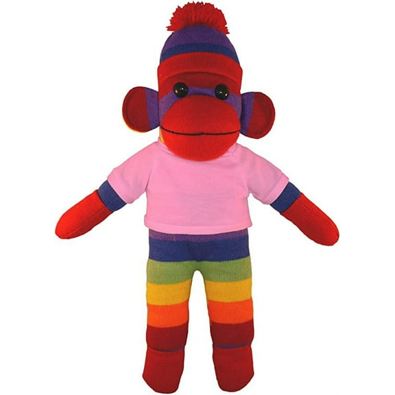 Made by Aliens 10 Inch Rainbow Sock Monkey with Tee Plush Stuffed Animal Personalized Gift - Custom Text on Shirt - Great Present for Mothers Day, Valentine Day, Graduation Day, Birthday (Pink)