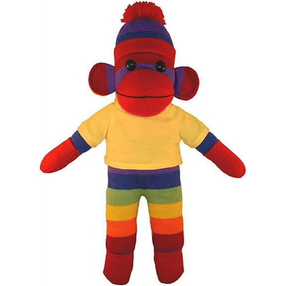 Made by Aliens 10 Inch Rainbow Sock Monkey with Tee Plush Stuffed Animal Personalized Gift - Custom Text on Shirt - Great Present for Mothers Day, Valentine Day, Graduation Day, Birthday (Yellow)