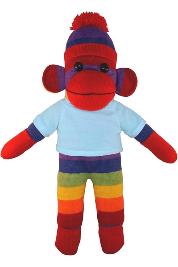 10 Inch Rainbow Sock Monkey with Tee Plush Stuffed Animal Personalized Gift - Custom Text on Shirt - Great Present for Mothers Day, Valentine Day, Graduation Day, Birthday (Baby-Blue)