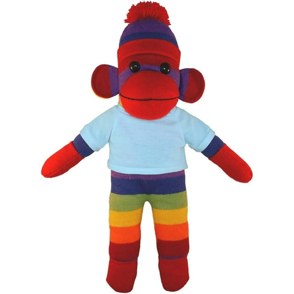 Made by Aliens 10 Inch Rainbow Sock Monkey with Tee Plush Stuffed Animal Personalized Gift - Custom Text on Shirt - Great Present for Mothers Day, Valentine Day, Graduation Day, Birthday (Baby-Blue)