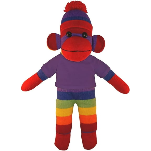 Made by Aliens 10 Inch Rainbow Sock Monkey with Tee Plush Stuffed Animal Personalized Gift - Custom Text on Shirt - Great Present for Mothers Day, Valentine Day, Graduation Day, Birthday (Purple)