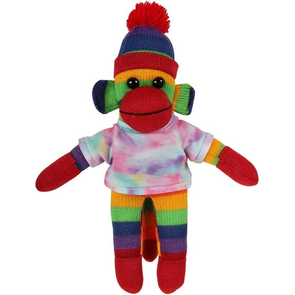 Made by Aliens 10 Inch Rainbow Sock Monkey with Tee Plush Stuffed Animal Personalized Gift - Custom Text on Shirt - Great Present for Mothers Day, Valentine Day, Graduation Day, Birthday (Tyedye)