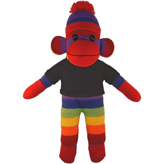 Made by Aliens 10 Inch Rainbow Sock Monkey with Tee Plush Stuffed Animal Personalized Gift - Custom Text on Shirt - Great Present for Mothers Day, Valentine Day, Graduation Day, Birthday (Black)
