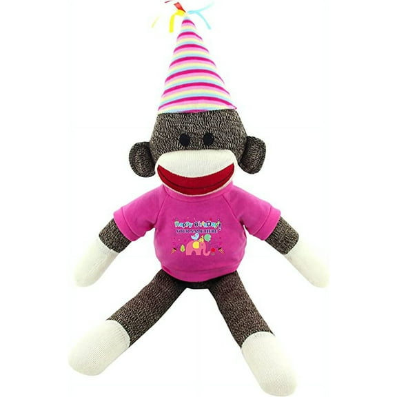 Made By Aliens Custom Text Sock Monkey 20" - Adorable Birthday Gift for Kids, Adults and Friends, Personalized Name on Its T-Shirt Best Party Gift with (Pink)