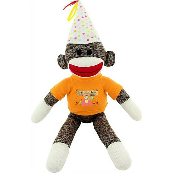 Made By Aliens Custom Text Sock Monkey 20" - Adorable Birthday Gift for Kids, Adults and Friends, Personalized Name on Its T-Shirt Best Party Gift with (Orange)