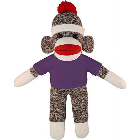 Made by Aliens Personalized Floppy Original Sock Monkey with Tee Stuffed Animal Plush Toy- Custom Text on Shirt- Perfect Gift for Valentine Day- Graduation Day- Birthday- 10 inches (Purple)
