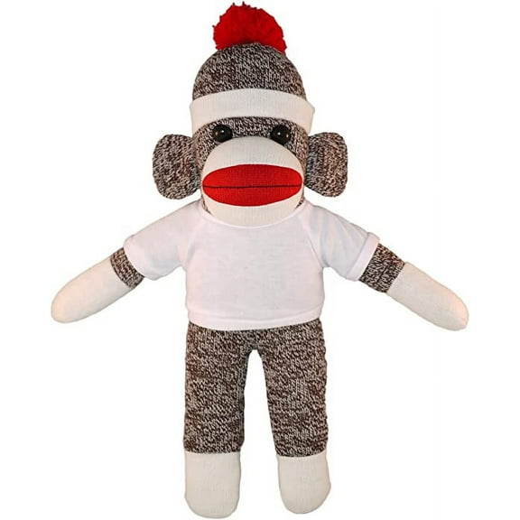 Made by Aliens Personalized Floppy Original Sock Monkey with Tee Stuffed Animal Plush Toy- Custom Text on Shirt- Perfect Gift for Valentine Day- Graduation Day- Birthday- 10 inches (White)