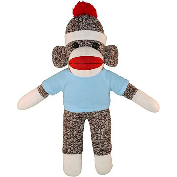Made by Aliens Personalized Floppy Original Sock Monkey with Tee Stuffed Animal Plush Toy- Custom Text on Shirt- Perfect Gift for Valentine Day- Graduation Day- Birthday- 10 inches (Baby Blue)