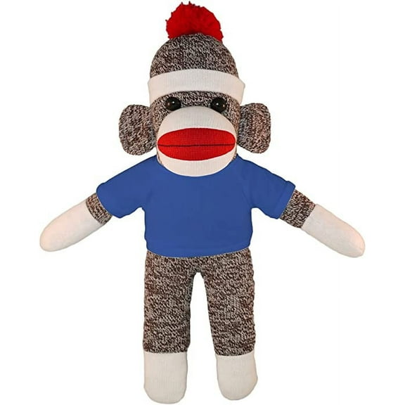 Made by Aliens Personalized Floppy Original Sock Monkey with Tee Stuffed Animal Plush Toy- Custom Text on Shirt- Perfect Gift for Valentine Day- Graduation Day- Birthday- 10 inches (Royal Blue)