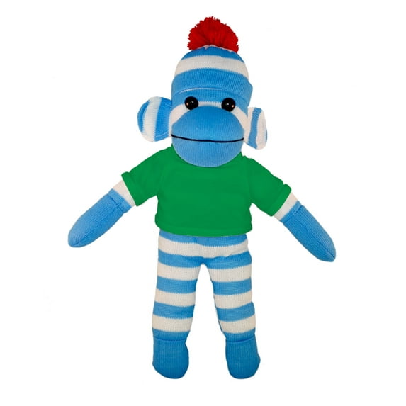 Made by Aliens 10 Inch Floppy Blue Sock Monkey with Tee Plush Stuffed Animal Personalized Gift - Custom Text on Shirt - Great Present for Valentine Day, Graduation Day, Birthday (Kelly-Green)