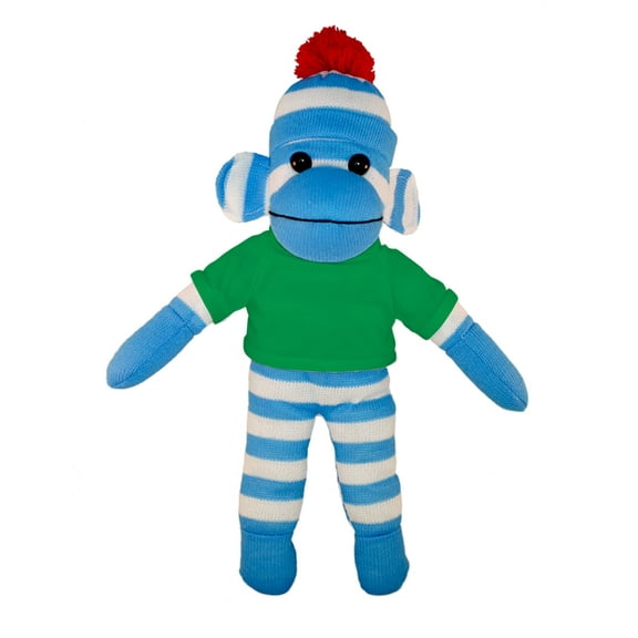 Made by Aliens 10 Inch Floppy Blue Sock Monkey with Tee Plush Stuffed Animal Personalized Gift - Custom Text on Shirt - Great Present for Valentine Day, Graduation Day, Birthday (Kelly-Green)