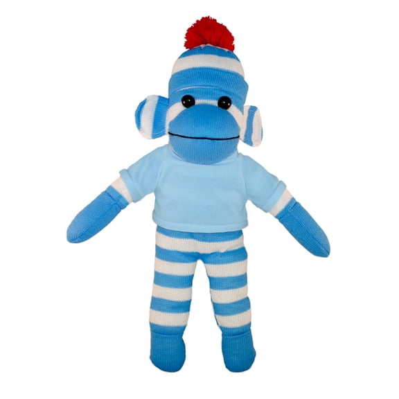 Made by Aliens 10 Inch Floppy Blue Sock Monkey with Tee Plush Stuffed Animal Personalized Gift - Custom Text on Shirt - Great Present for Mothers Day, Valentine Day, Birthday(Baby-Blue)