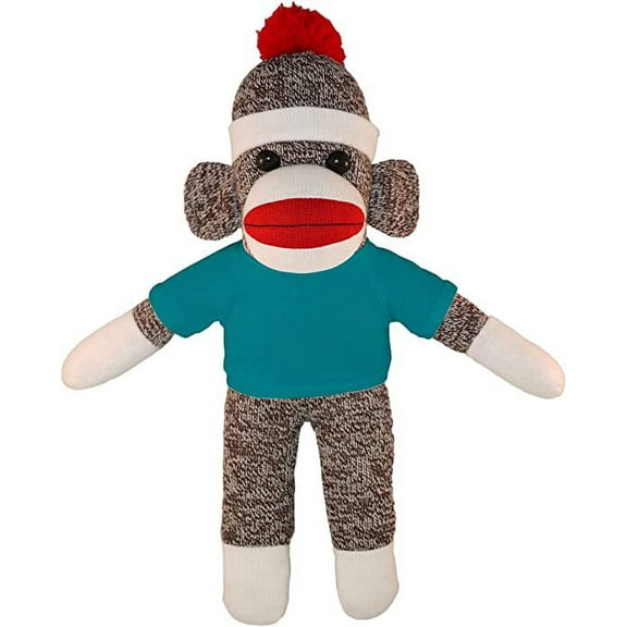 Made by Aliens Personalized Floppy Original Sock Monkey with Tee Stuffed Animal Plush Toy- Custom Text on Shirt- Perfect Gift for Valentine Day- Graduation Day- Birthday- 10 inches (Turquoise)