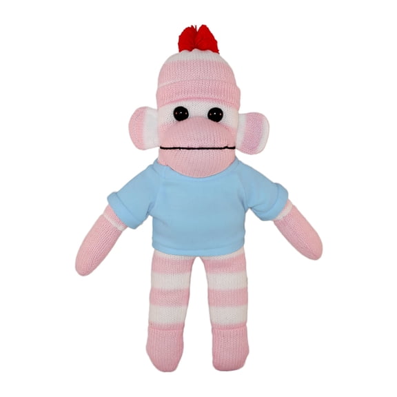 Made by Aliens 10 Inch Floppy Pink Sock Monkey with Tee Plush Stuffed Animal Personalized Gift - Custom Text on Shirt-Great Present for Mothers Day,Valentine Day,Graduation Day,Birthday (Baby-Blue)