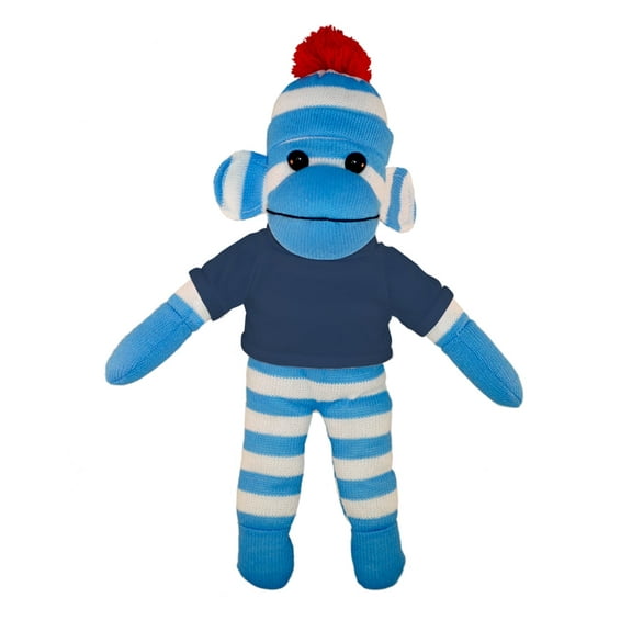 Made by Aliens 10 Inch Floppy Blue Sock Monkey with Tee Plush Stuffed Animal Personalized Gift - Custom Text on Shirt - Great Present for Mothers Day, Graduation Day, Birthday (Navy-Blue)