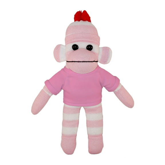 Made by Aliens 10 Inch Floppy Pink Sock Monkey with Tee Plush Stuffed Animal Personalized Gift - Custom Text on Shirt - Great Present for Mothers Day, Valentine Day, Graduation Day, Birthday (Pink)