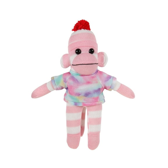 Made by Aliens 10 Inch Floppy Pink Sock Monkey with Tee Plush Stuffed Animal Personalized Gift - Custom Text on Shirt - Great Present for Mothers Day, Valentine Day, Graduation Day, Birthday (Tyedye)