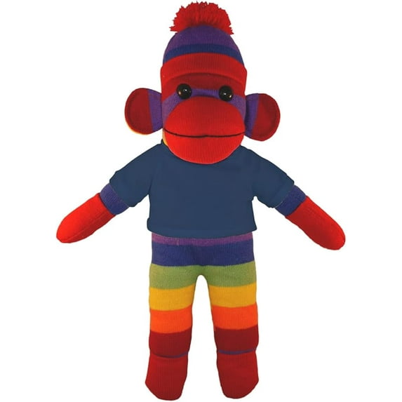 Made by Aliens 10 Inch Rainbow Sock Monkey with Tee Plush Stuffed Animal Personalized Gift - Custom Text on Shirt - Great Present for Mothers Day, Valentine Day, Graduation Day, Birthday (Navy-Blue)