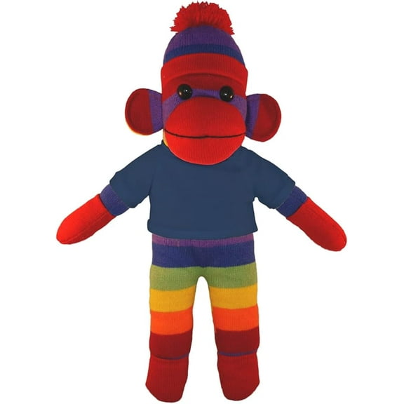 Made by Aliens 10 Inch Rainbow Sock Monkey with Tee Plush Stuffed Animal Personalized Gift - Custom Text on Shirt - Great Present for Mothers Day, Valentine Day, Graduation Day, Birthday (Navy-Blue)