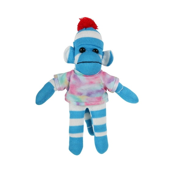Made by Aliens 10 Inch Floppy Blue Sock Monkey with Tee Plush Stuffed Animal Personalized Gift - Custom Text on Shirt - Great Present for Mothers Day, Valentine Day, Graduation Day, Birthday (Tyedye)