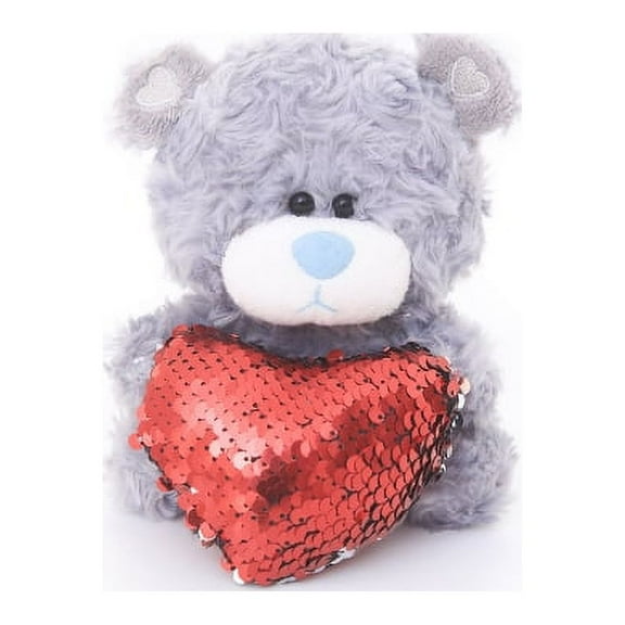 Made by Aliens Personalized Gray Qbeba Teddy Bear Stuffed Animal Plush Toy -With Red Heart Pillow- Perfect Gift for Valentine Day -Christmas- Birthday-6 Inches