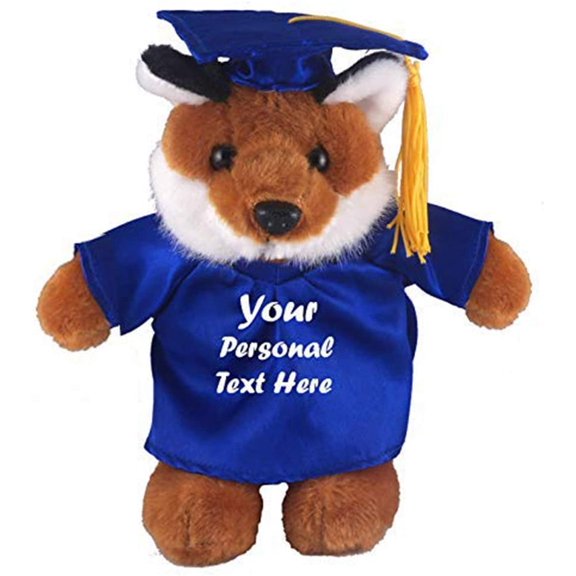 Made by Aliens Plush Stuffed Animal Toys 12 Inches Present Gifts for Graduation Day, Personalized Text, Name or Your School Logo on Gown, Best for Any Grad School Kids (Graduation Fox Blue Gown)