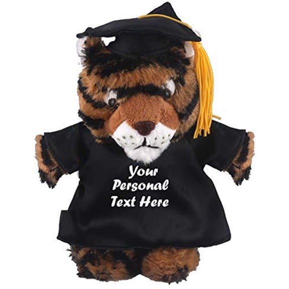 Made by Aliens Plush Stuffed Animal Toys 8 Inches Present Gifts for Graduation Day, Personalized Text, Name or Your School Logo on Gown, Best for Any Grad School Kids (Graduation Tiger Black Gown)